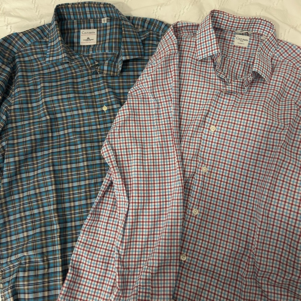 Culturata Men's (16.5,42) Made in Italy Plaid Check Lot of 2 Shirts 100% Cotton